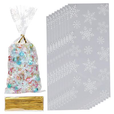 100PCS Clear Cellophane Bags Snowflake Cellophane Sweet Bags with Twist Ties Flat Bottom Christmas Sweet Bags for Candy Biscuit Cookies.