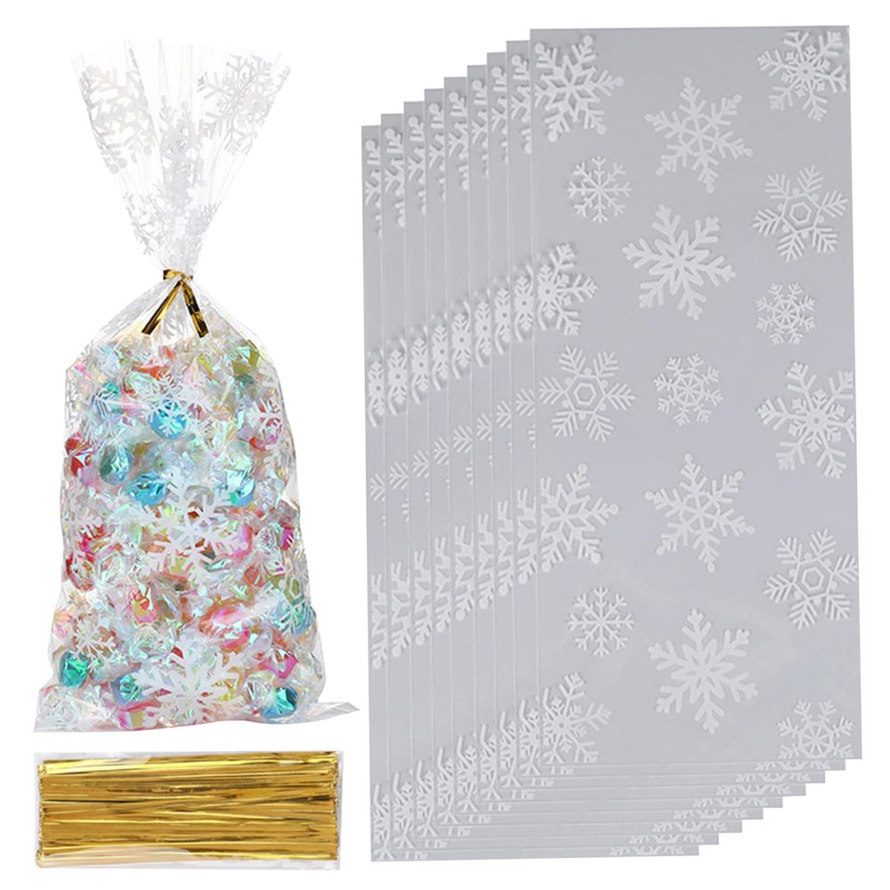 100PCS Clear Cellophane Bags Snowflake Cellophane Sweet Bags with Twist Ties Flat Bottom Christmas Sweet Bags for Candy Biscuit Cookies.