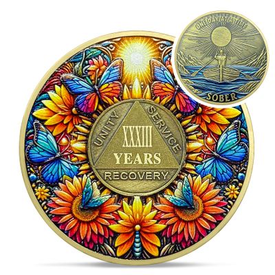 Delicate Sunflower 33 Years Sobriety Coin - One Day at A Time AA Coins
