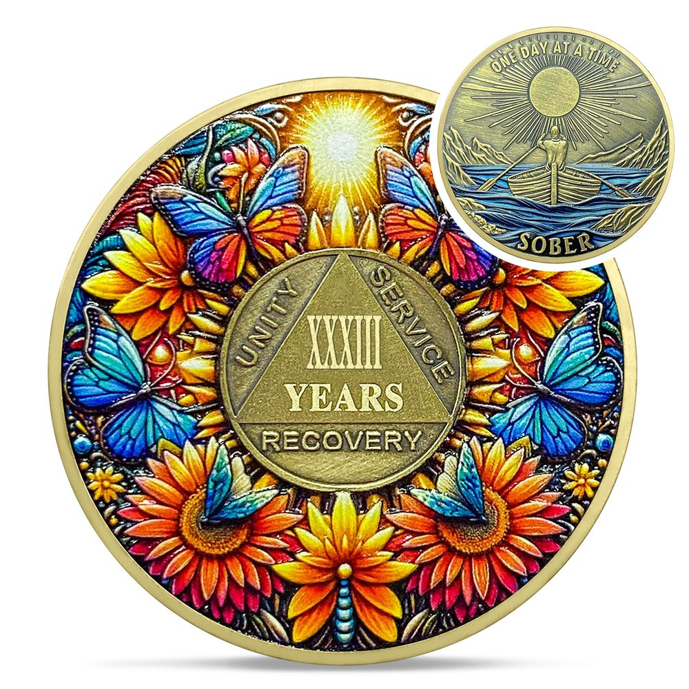Delicate Sunflower 33 Years Sobriety Coin - One Day at A Time AA Coins