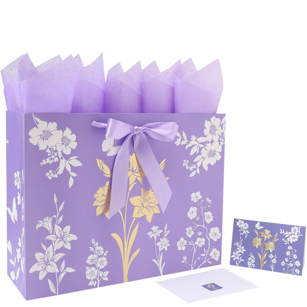 16.5 Extra Large Purple Gift Bag Set with Handles, Greeting Card, Tissue Papers and Stickers for Women Girls, Celebrating Birthdays, Mother's Day, Weddings, Anniversaries, Gold Foil Tree Design, 1 Pcs