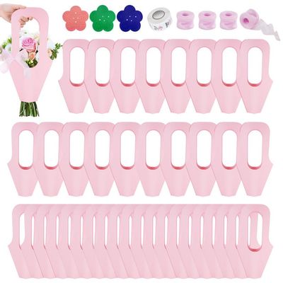 50 Pcs Kraft Paper Flowers Gift Bags with Handle, Bouquet Bags Hanging with Ribbon Sticker Rose Thorn Remover, Cone Floral Wrapping Paper Bags for Wedding Graduation Party Florist (Pink)