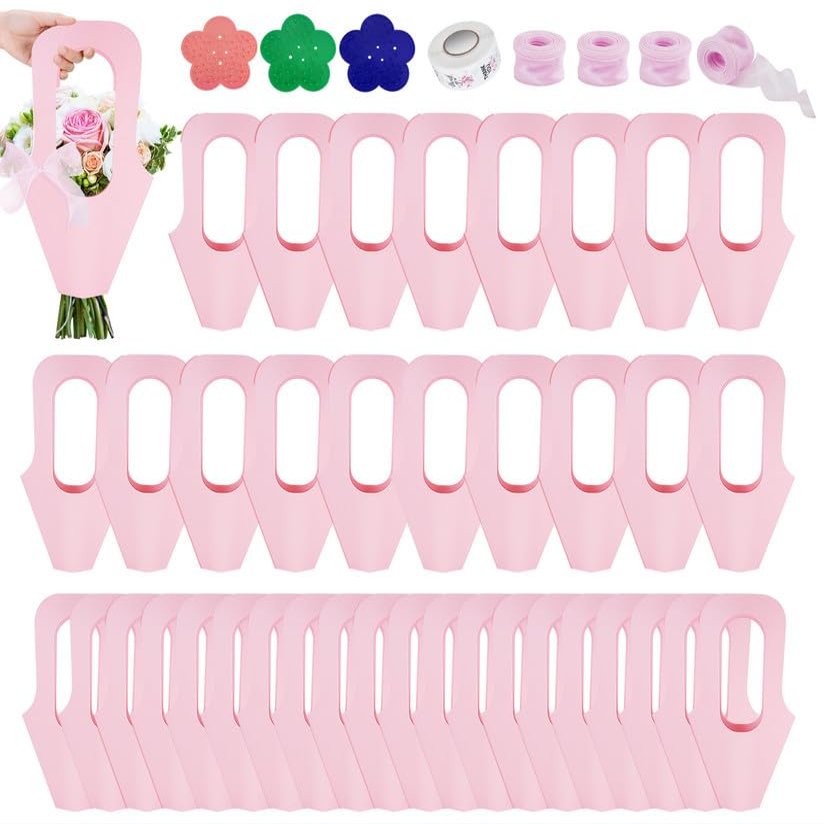 50 Pcs Kraft Paper Flowers Gift Bags with Handle, Bouquet Bags Hanging with Ribbon Sticker Rose Thorn Remover, Cone Floral Wrapping Paper Bags for Wedding Graduation Party Florist (Pink)