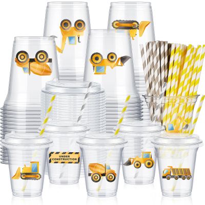 Boao 36 Sets Watercolor Construction Party Cups with Lids and Paper Straws 14 oz Disposable Clear Plastic Cups Bulk for Construction Birthday Party Favor Supplies Decorations