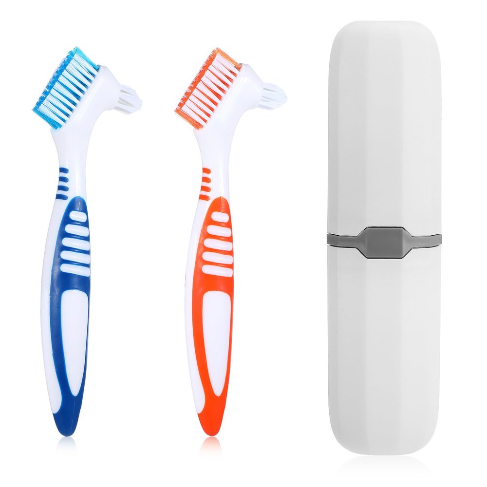 YUXIANLB 2Pcs Denture Cleaning Brush Set, Denture Toothbrushes with Multi-Layered Bristles & Ergonomic Rubber Handle, White Carrying Case