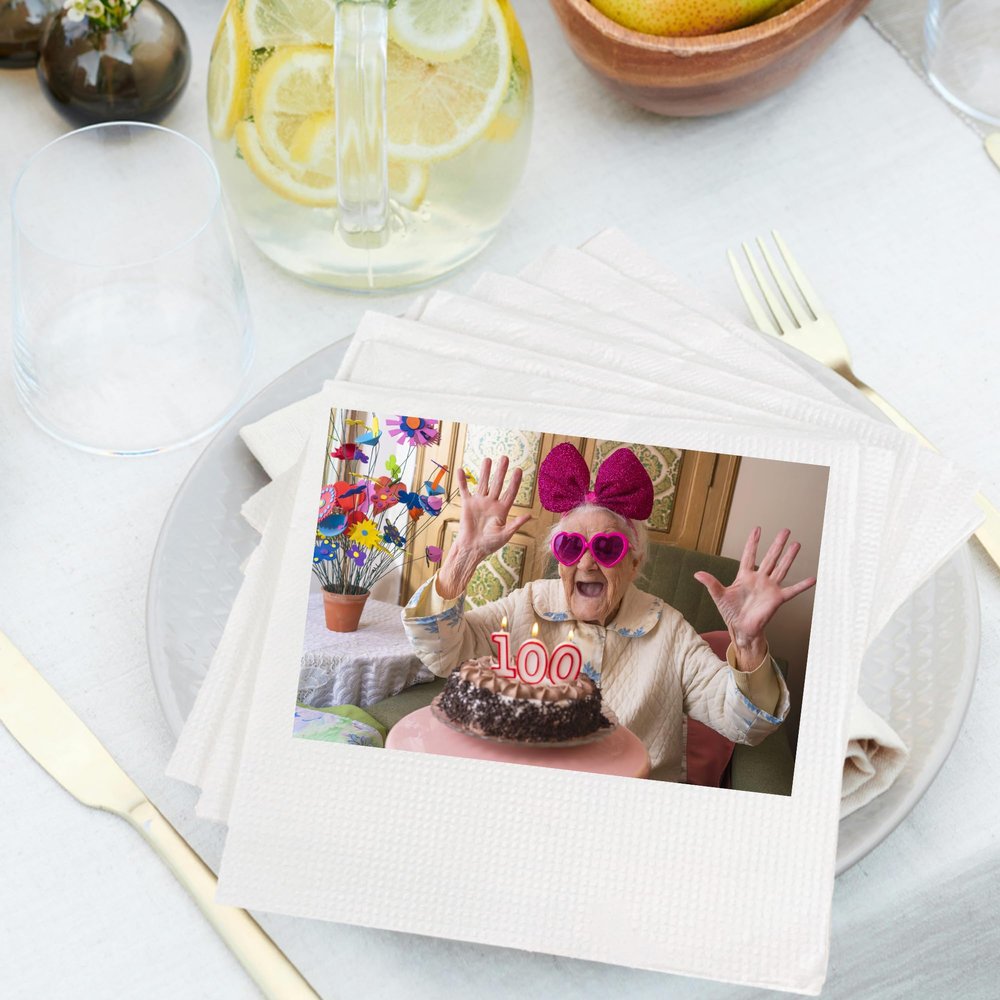 100th Birthday Personalized Birthday Photo Napkins, Custom Birthday Napkins, Photo Napkins, Birthday Party Decoration Mom Dad Grandma Grandpa Daughter Son