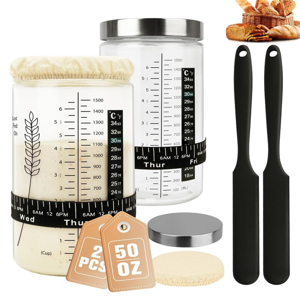 Keafont 50oz Sourdough Starter Jar Kit, Large Capacity Sourdough Jar, Wide Mouth Sourdough Bread Starter Kit for Perfect Sour Dough Bread, Sourdough Starter Kit (Black, 2 Pack)