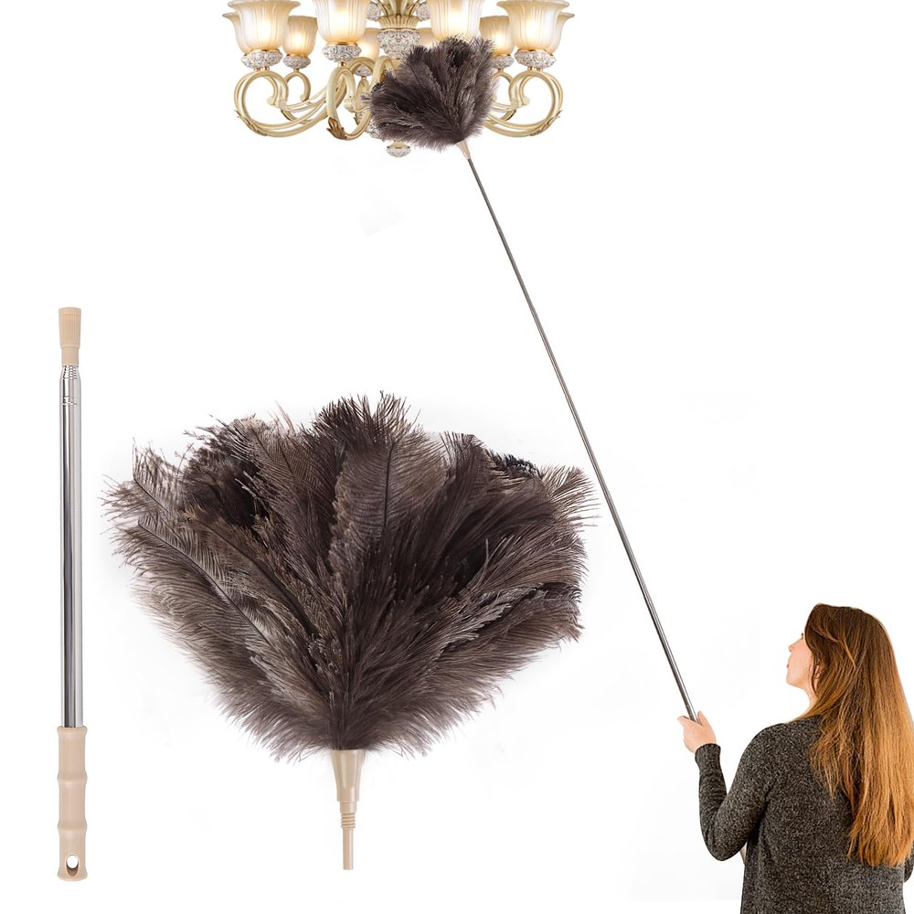 Extendable 81.9 Inch Ostrich Feather Duster with Extension Used for Home Cleaning Ceilings Furniture Fans Washable1.8M Telescopic Rod,Grey