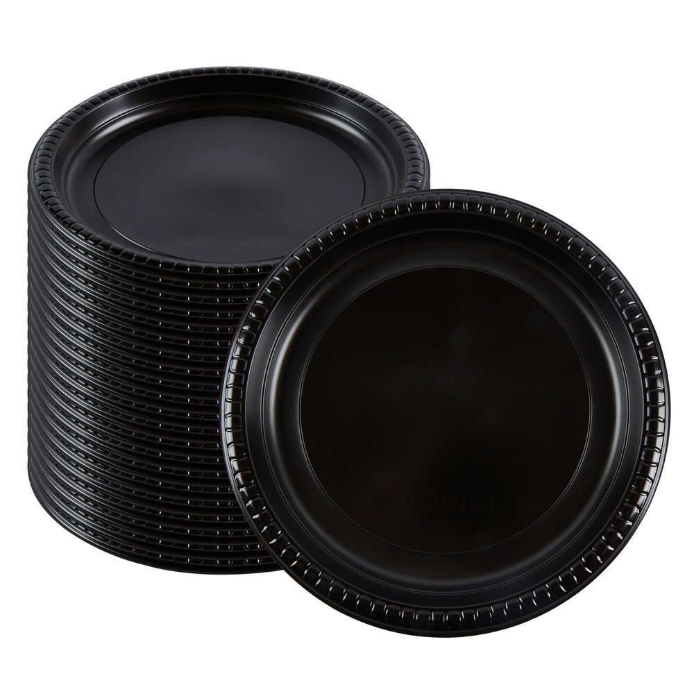 RW Base 10.4 Inch Microwavable Food Plates, 100 Round Plastic Plates - Disposable, Heavy-Duty, Black Plastic Dinner Plates, Serve Hot And Cold Foods, For Restaurants And Cafes - Restaurantware