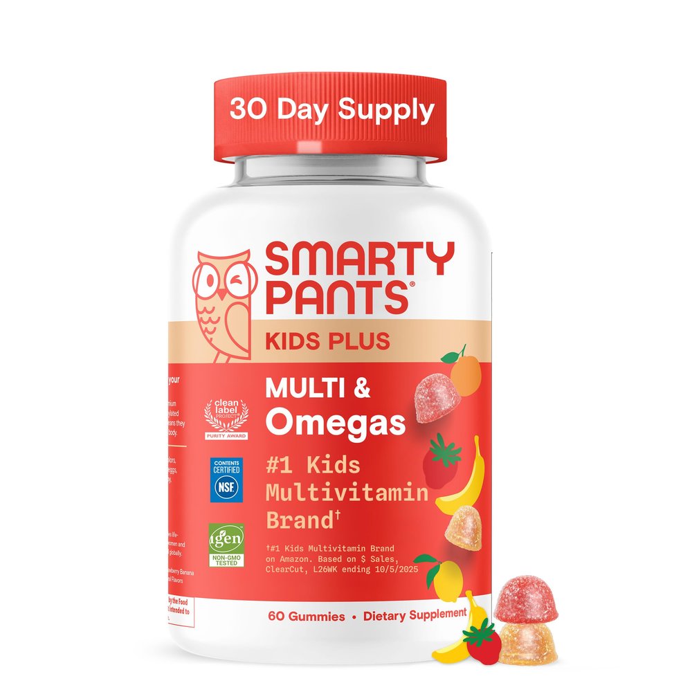 SmartyPants Kids Multivitamin Gummies - Improved Formula: Omega 3 (DHA/EPA), Vitamins D3, C, B12, B6, Vitamin A, K & Zinc, Gluten Free, Three Fruit Flavors, 60 Count (30 Day Supply)