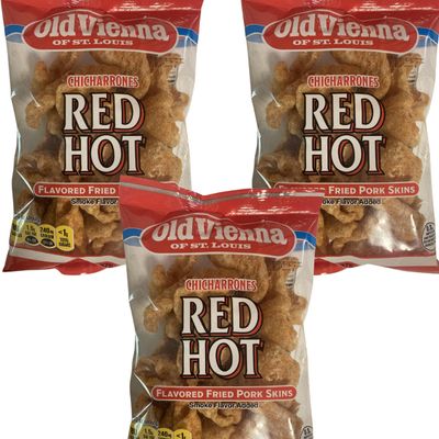 Old Vienna of St. Louis - Chicharrones Red Hot Flavored Fried Pork Skins- 2.375 Oz Bags - Pack of 3