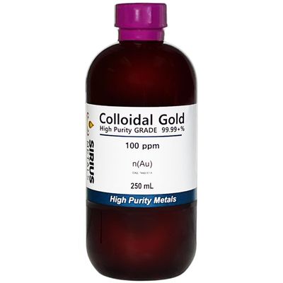 250 mL of Gold NanoParticle (AuNP) Solution: 100 mg/L of 99.99+% Pure Gold AuNPs in Water - Clear Plastic Bottle
