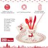 215 Pcs Christmas Plates and Napkins Set Serve 25, Christmas Elk Disposable Tableware Set, Christmas Decorations Includes Plates, Cups, Napkins, Christmas Tableware view 3