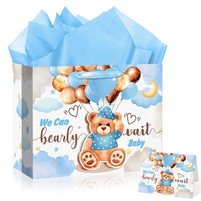 Large Baby Boy Gift Bags,3D Marking Blue Teddy Bear Gift Bags with Wrapping Paper Greeting Card,Teddy Bear Baby Shower Decorations for Baby Shower Birthday Gender Reveal Party Favors Decor Supplies