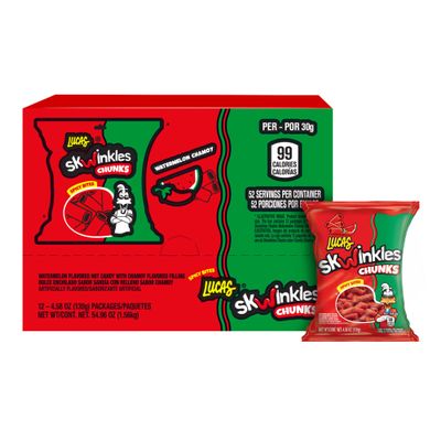Lucas Skwinkles Sweet & Sour Candy Chunk Watermelon Flavored with Tamarind Filling, 12 Bag  Perfect for Snacks, Parties, Valentine's Day Surprise