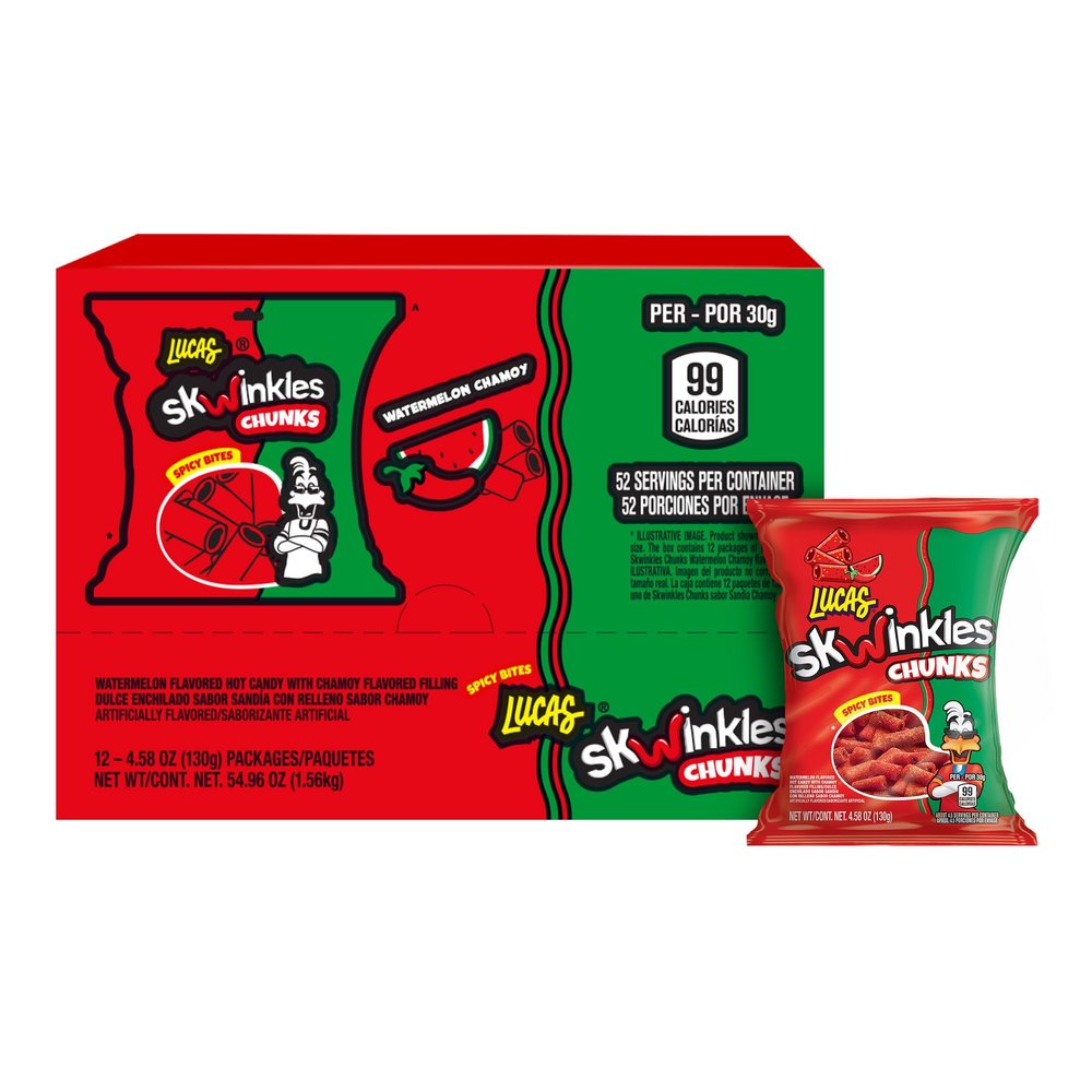 Lucas Skwinkles Sweet & Sour Candy Chunk Watermelon Flavored with Tamarind Filling, 12 Bag Perfect for Snacks, Parties, Valentine's Day Surprise