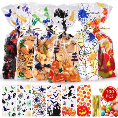 WD&CD 100 PCS Halloween Treat Candy Bags - Clear Trick or Treating Goodie Bags for Halloween Party