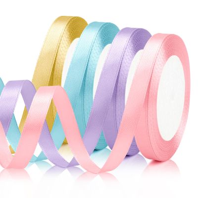 4PCS Christmas Ribbon Set - 3/8 Inch, 25 Yds Each in Light Pink, Gold, Light Blue, Purple for Gift Wrapping, Flower Bouquets, Crafts, Halloween & Fall