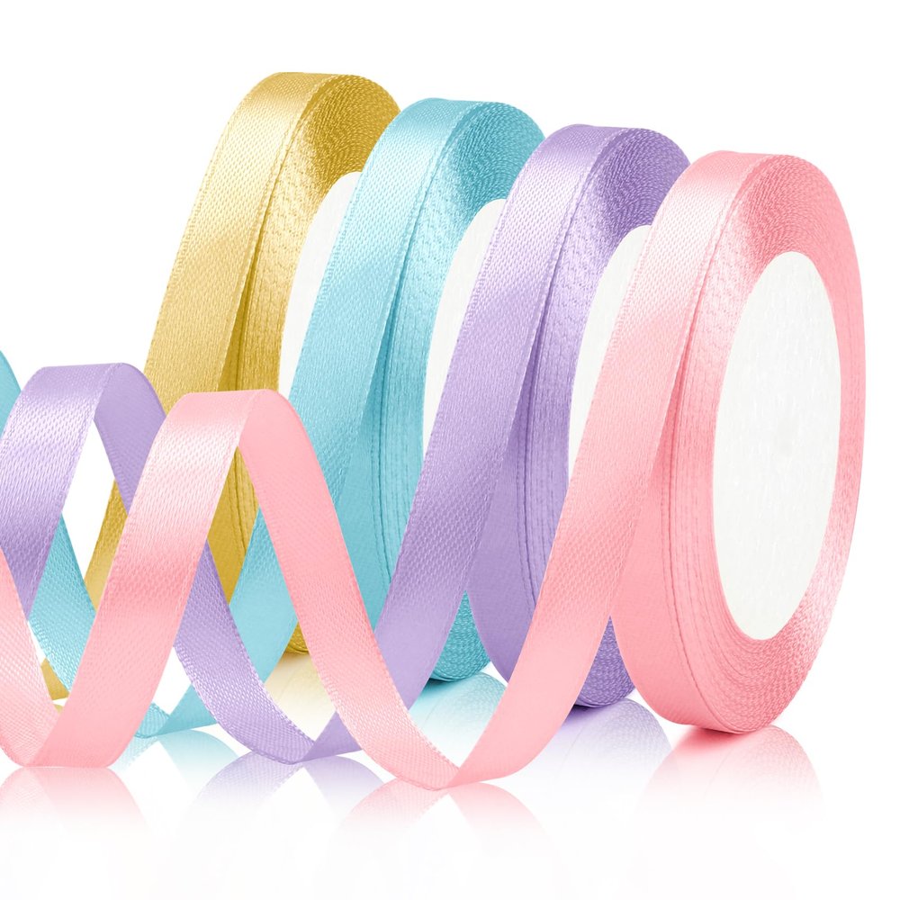 4PCS Christmas Ribbon Set - 3/8 Inch, 25 Yds Each in Light Pink, Gold, Light Blue, Purple for Gift Wrapping, Flower Bouquets, Crafts, Halloween & Fall