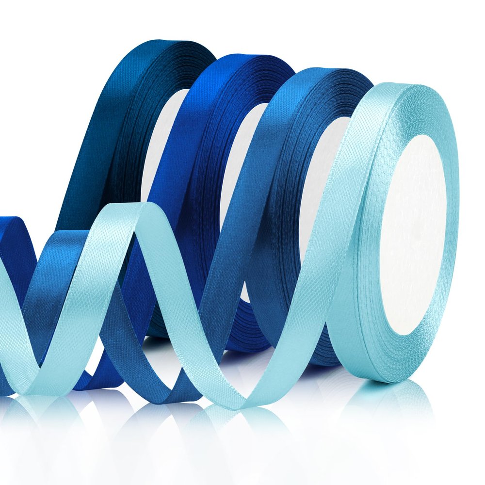 4PCS Blue Ribbon Set - 3/8 Inch, 25 Yds, Light Blue & Navy Blue, Perfect for Gift Wrapping, Halloween, Birthdays & More