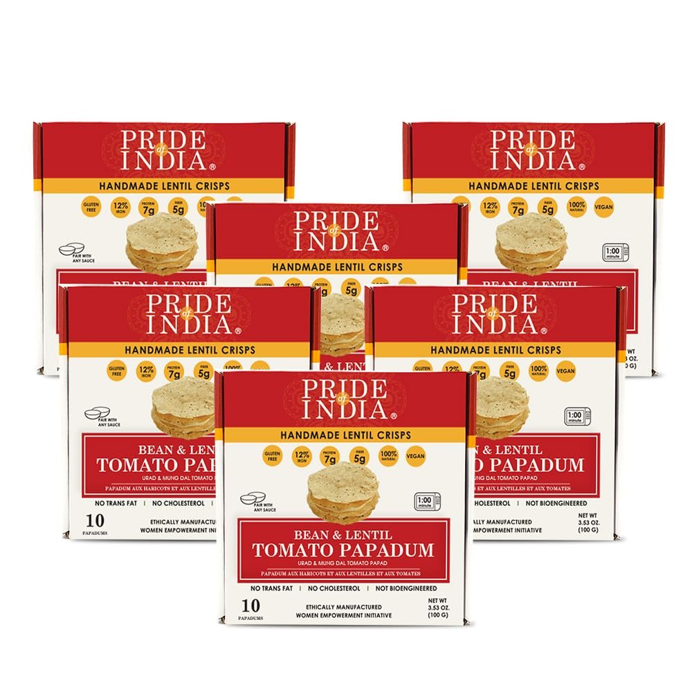 Pride Of India | Tomato Papadum, Pack of 6-10 Count Box (3.53oz - 100gm) | Protein Fiber & Iron Rich, Gluten-Free Vegan Lentil Crackers, Healthy Indian Appetizer | Microwaveable & Ready in Seconds