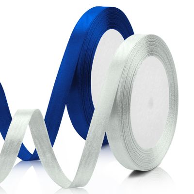 2PCS Blue Ribbon Silver Ribbon for Gift Wrapping, Christmas Decorations, Crafts, Flower Bouquet, Birthday Decorations - 3/8 Inch, 25 Yds