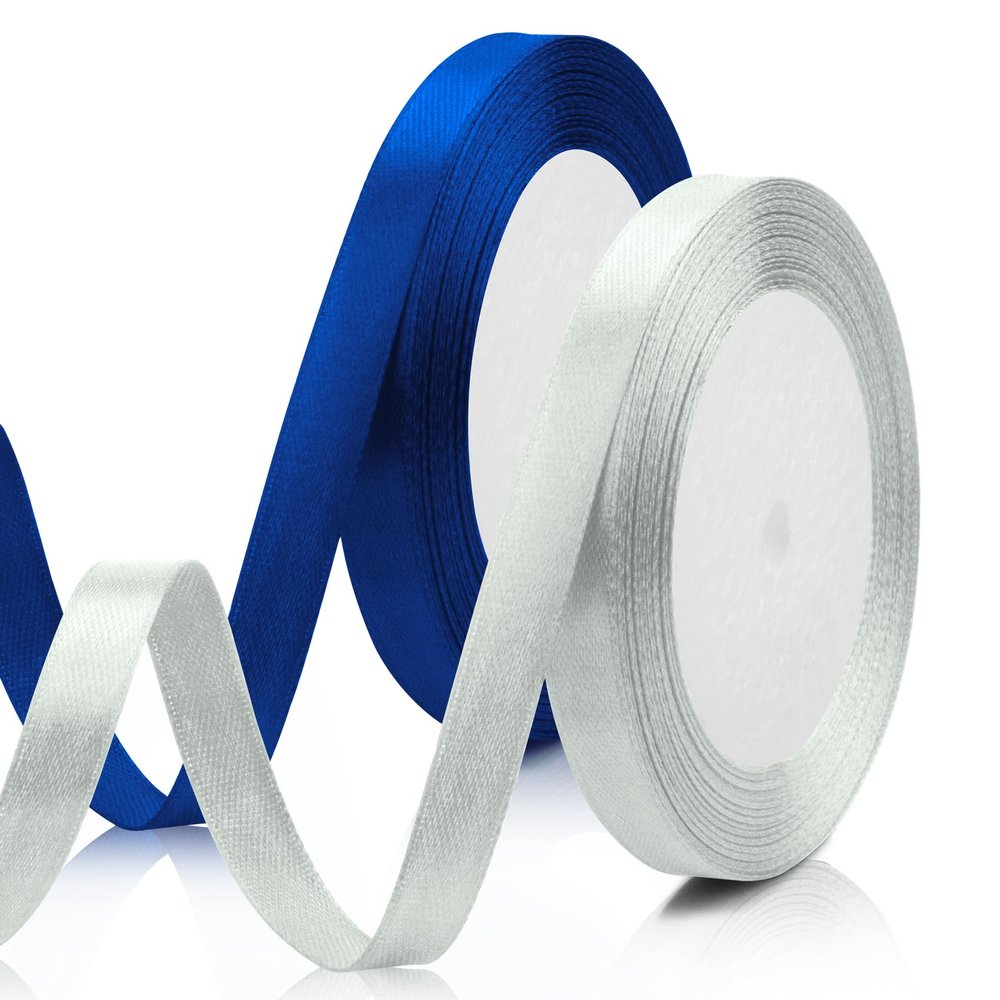 2PCS Blue Ribbon Silver Ribbon for Gift Wrapping, Christmas Decorations, Crafts, Flower Bouquet, Birthday Decorations - 3/8 Inch, 25 Yds