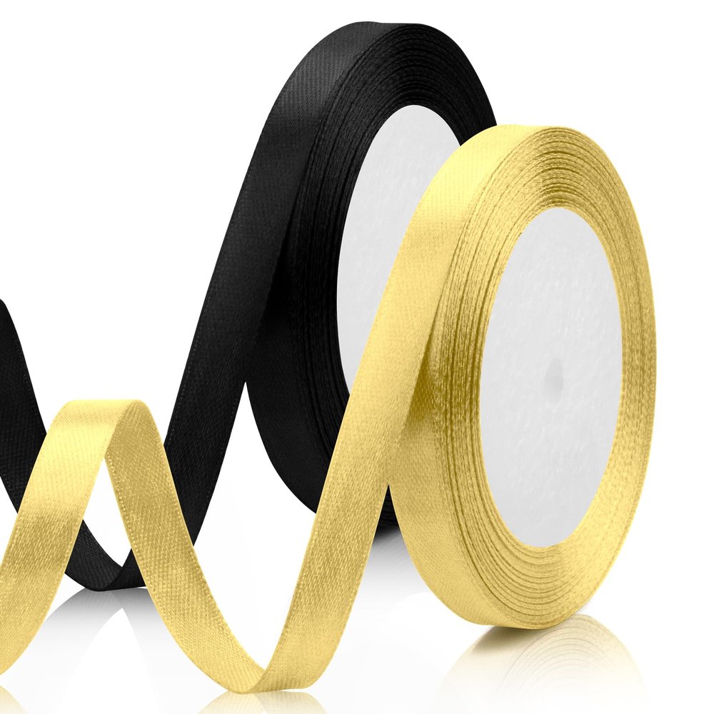 2PCS Black & Gold Ribbon - 3/8 Inch, 25 Yds - Halloween & Christmas Ribbon - Decorations & Crafts
