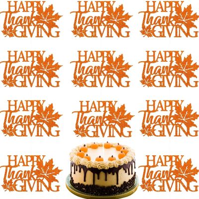 10 Pcs Happy Thanksgiving Cake Toppers Glitter Fall Maple Cupcake Topper Autumn Maple Leaf Cake Topper Orange Cupcake Toppers Design Cake Decoration for Harvest Festival Thanksgiving Party