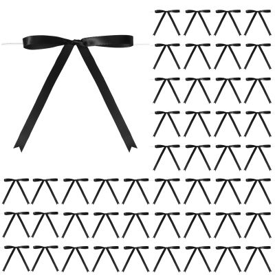 Riceshoot 100 Pcs Twist Tie Bows Bulk 5x7 Inch Satin Ribbon Bows for Gift Wrapping Cake Treat Bags Craft DIY Valentine's Day Wedding Baby Shower Birthday Party(Black)
