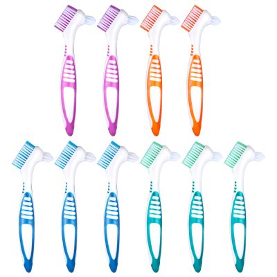 WLLHYF 10 Pcs Denture Brush for False Teeth Denture Care Cleaning Brush Double Sided Toothbrush Portable Soft Multi-Layered Bristles Cleaner Brushes Ergonomic Rubber Handle