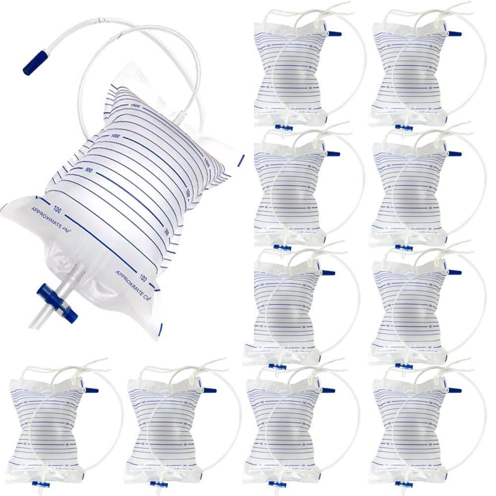 10 Pack Urinary Drainage Bag, 2000mL, Anti-Reflux Valve, Easy Drain Switch, for Home and Hospital Health Aids