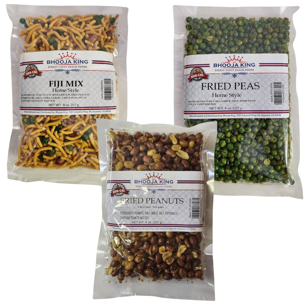FIJI Snacks - Mix Bhooja, Fried Peas, Fried Peanuts (Pack Of 3 x 227g Ea) Home Style Made Variety Pack, Finest Tasty Snacks!