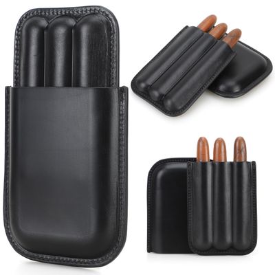 CataPurus Top Grain Leather Travel Cigar Case Sleeve, Vintage Design, Fully Handmade, Genuine Leather Portable Cigar Humidor Case, Gift Choice for Cigar Lovers, Glossy Black for 3 Fingers