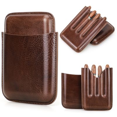 CataPurus Top Grain Leather Travel Cigar Case Sleeve, Vintage Design, Fully Handmade, Genuine Leather Portable Cigar Humidor Case, Gift Choice for Cigar Lovers, Champagne Brown for 4 Fingers