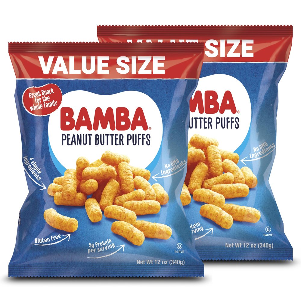 Osem Bamba Peanut Butter Puffs - Peanut Butter Crunch Puffs, Vegan PB Snack for Babies and Toddlers, Grain Free Protein Snack, No Sugar - 12 oz Bag (Pack of 2)