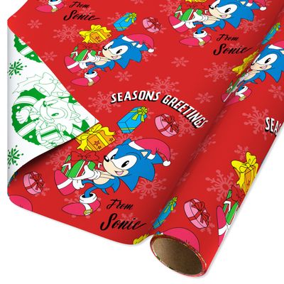 American Greetings Kids Christmas Wrapping Paper, Sonic the Hedgehog Wrapping Paper Christmas Roll, Red and White Gift Wrap (1 Reversible Roll, 75 sq. ft.) Sonic, Presents, Snowflakes