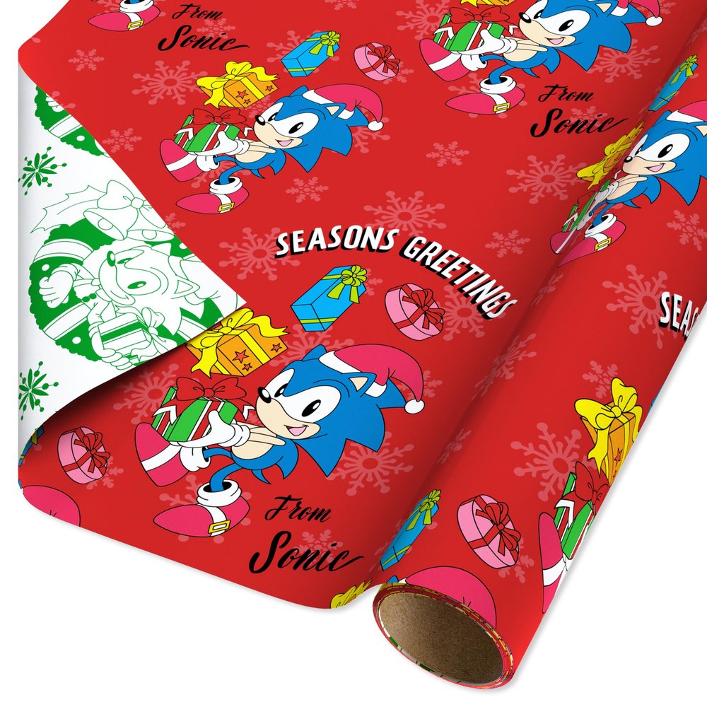 American Greetings Kids Christmas Wrapping Paper, Sonic the Hedgehog Wrapping Paper Christmas Roll, Red and White Gift Wrap (1 Reversible Roll, 75 sq. ft.) Sonic, Presents, Snowflakes