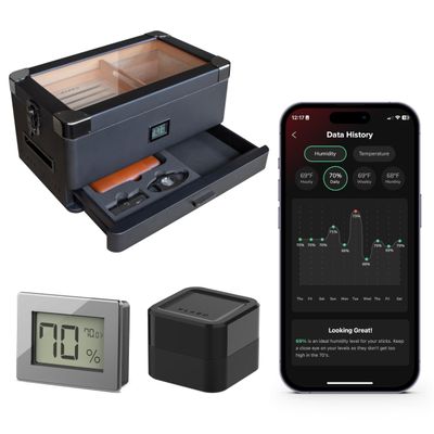 CASE ELEGANCE Black Edition Glass Top Humidor, Includes Klaro Valet Digital Hygrometer + WiFi Bridge for Remote Monitoring Humidity & Temperature, iOS & Android App - Gunmetal Finish