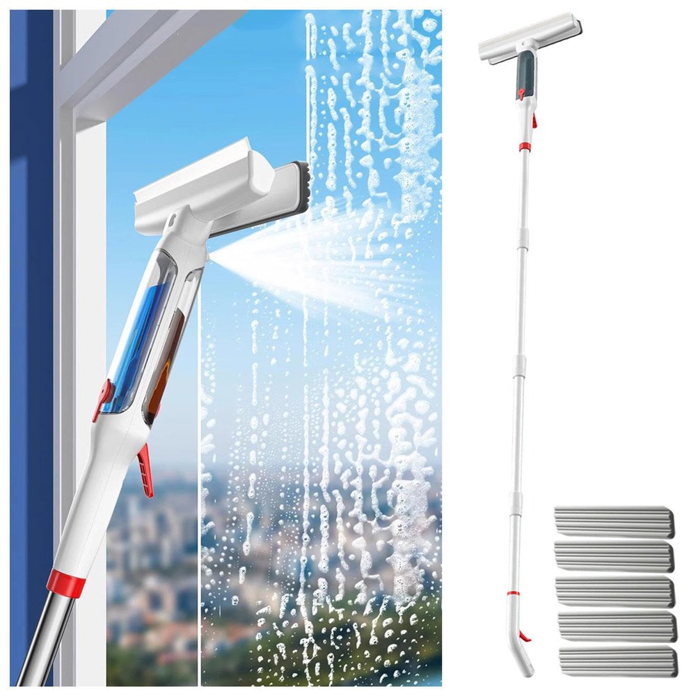RRRYYYZZ 75'' Spray Squeegee for Window Cleaning with 4-Section Extension Pole, 4 in 1 Glass Squeegee Window Vacuum Squeegee Cordless with Sewage Collector and 5 Pads