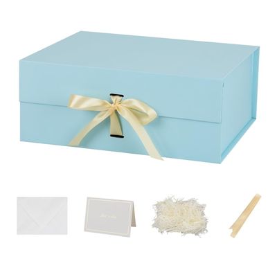 BoxSkivra 3 Pack 19x16x6 Inch Extra Magnetic Large Gift Box with Lids for Presents Blue Large Gift Box with Ribbon Foldable Gift Boxes with Shredded Paper Jumbo Box for Bridesmaid Proposal