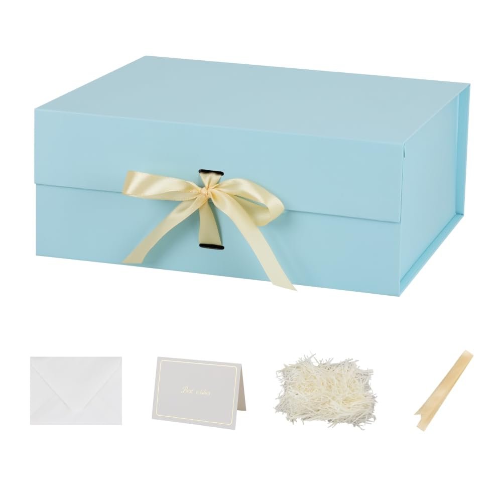 BoxSkivra 3 Pack 19x16x6 Inch Extra Magnetic Large Gift Box with Lids for Presents Blue Large Gift Box with Ribbon Foldable Gift Boxes with Shredded Paper Jumbo Box for Bridesmaid Proposal