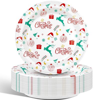 Charmount 50pcs Christmas Paper Plates, 8.5" Disposable Christmas Party Plates Set, Plates for Party Supplies, Dessert Plates Tableware Decorations