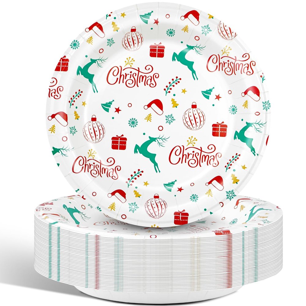 Charmount 50pcs Christmas Paper Plates, 8.5" Disposable Christmas Party Plates Set, Plates for Party Supplies, Dessert Plates Tableware Decorations
