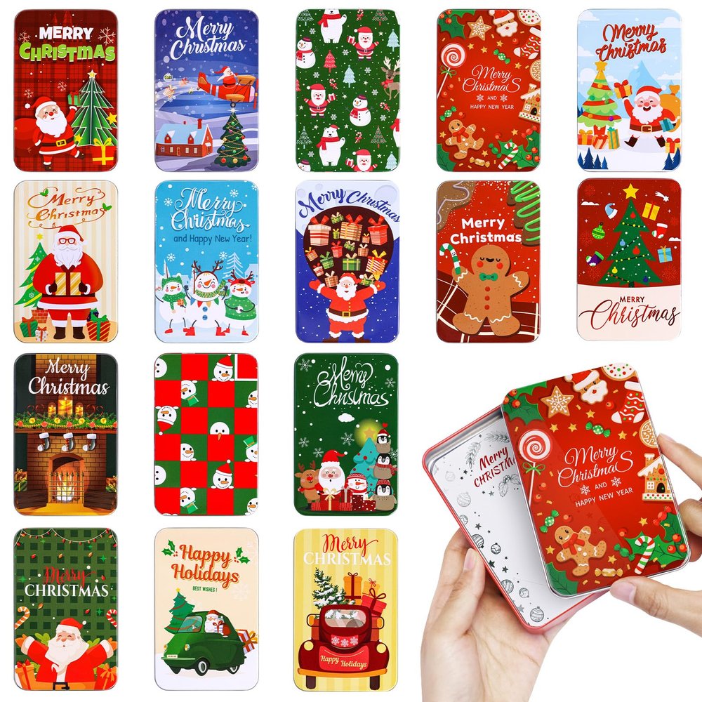 Thuodo 16 PCS Christmas Gift Card Tin Holder Boxes with Lids for Christmas Holiday Gift Box Set Metal Tin Small Boxes Stocking Stuffers Xmas Party Favors
