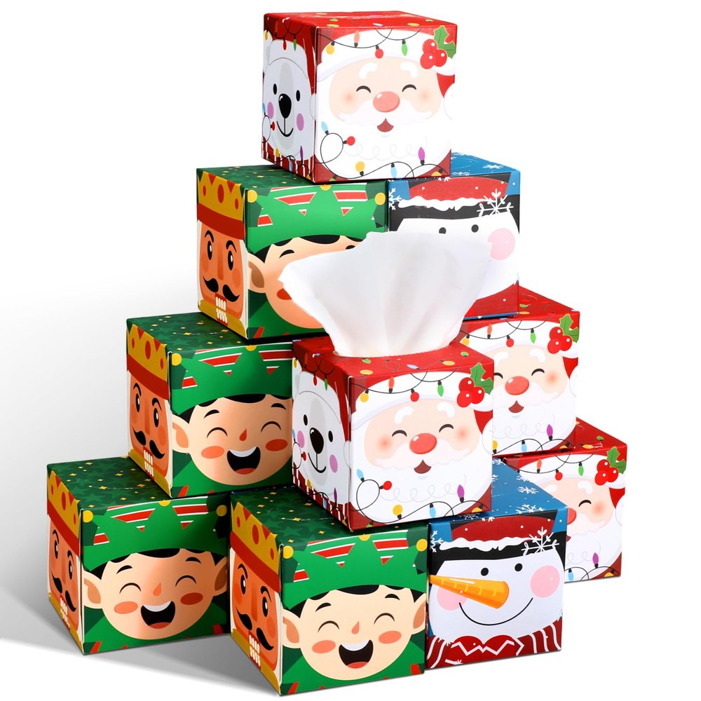12 Pack Christmas Facial Tissues Cube Boxes Bulk 600 Sheets 3 Ply Santa Claus Small Tissues Cube Boxes for Xmas Party Winter Home Bedroom Car Accessories