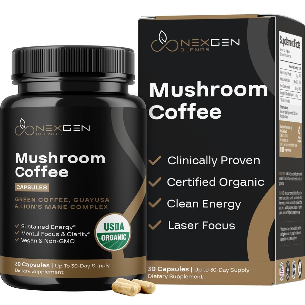 100% Organic Mushroom Coffee Capsules - Natural Energy Supplement with 130mg Caffeine from Clinically Proven Patented Green Coffee Bean & Guayusa Extracts for Jitter-Free Energy & Focus (30 Servings)