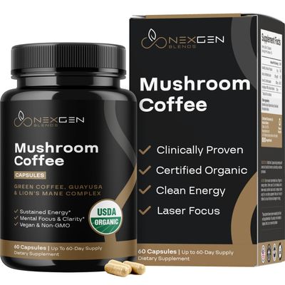 100% Organic Mushroom Coffee Capsules - Natural Energy Supplement with 130mg Caffeine from Clinically Proven Patented Green Coffee Bean & Guayusa Extracts for Jitter-Free Energy & Focus (60 Servings)