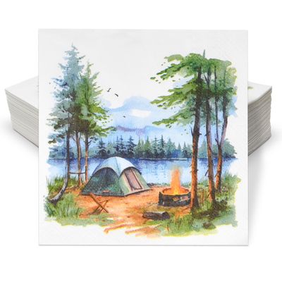100 Pcs Camping Cocktail Napkins Disposable Paper One Happy Camper Beverage Napkin for Watercolor Tent Hiking Campfire Camp Adventure Party Supplies