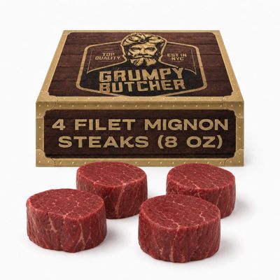 Grumpy Butcher Aged Large Filet Mignon Steak, 4 Pack - USDA Prime or Top Third Angus Choice Beef Tenderloin Filets With Gift Box Option - Ships Frozen